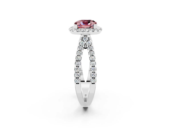 White gold Cushion Cut Morganite Halo Ring with Split Shank Pavé Band and Prong Setting