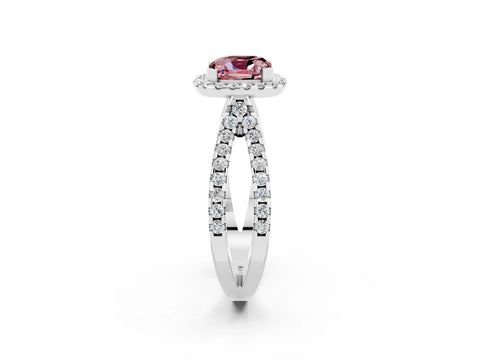 White gold Cushion Cut Morganite Halo Ring with Split Shank Pavé Band and Prong Setting_2