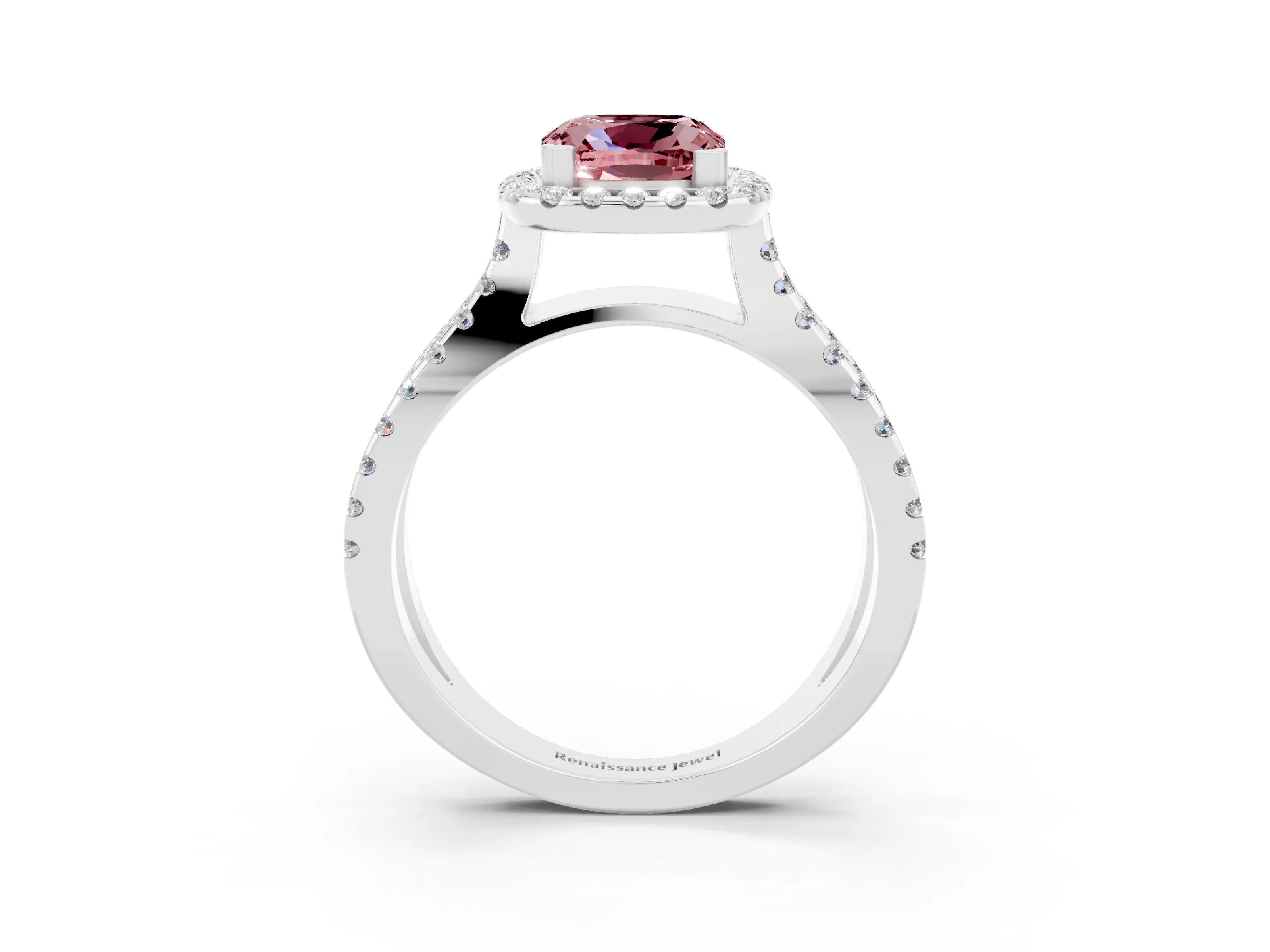 White gold Cushion Cut Morganite Halo Ring with Split Shank Pavé Band and Prong Setting_3
