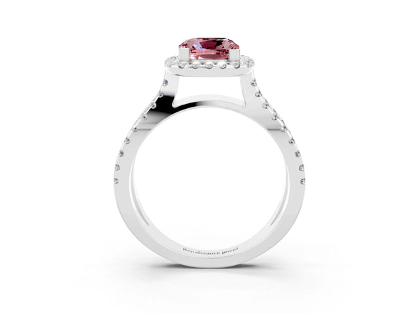 Platinum Cushion Cut Morganite Halo Ring with Split Shank Pavé Band and Prong Setting
