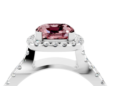 White gold Cushion Cut Morganite Halo Ring with Split Shank Pavé Band and Prong Setting_4
