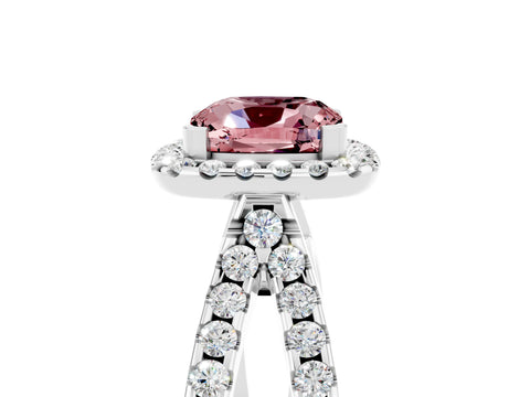 White gold Cushion Cut Morganite Halo Ring with Split Shank Pavé Band and Prong Setting_5