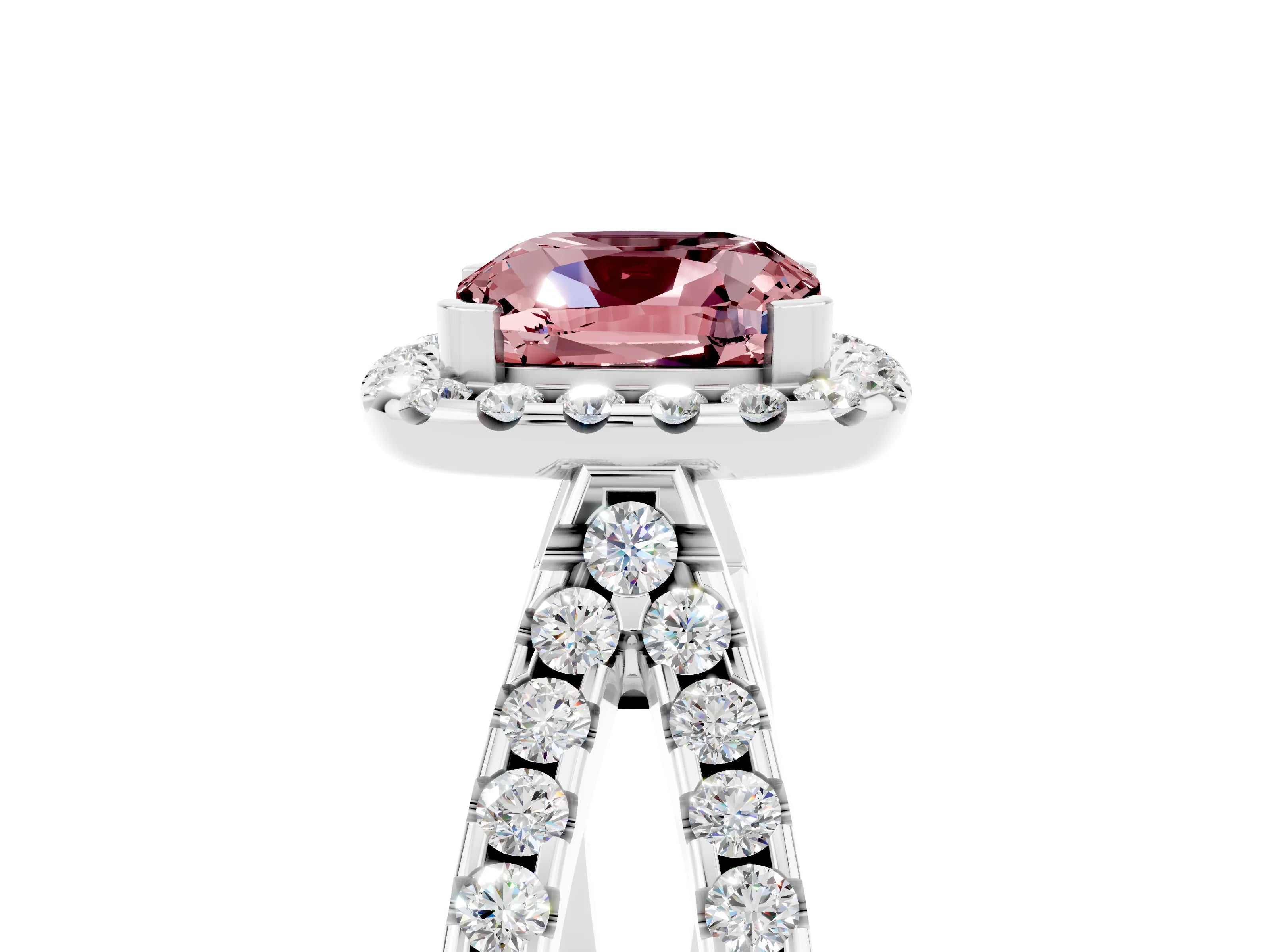 White gold Cushion Cut Morganite Halo Ring with Split Shank Pavé Band and Prong Setting_5