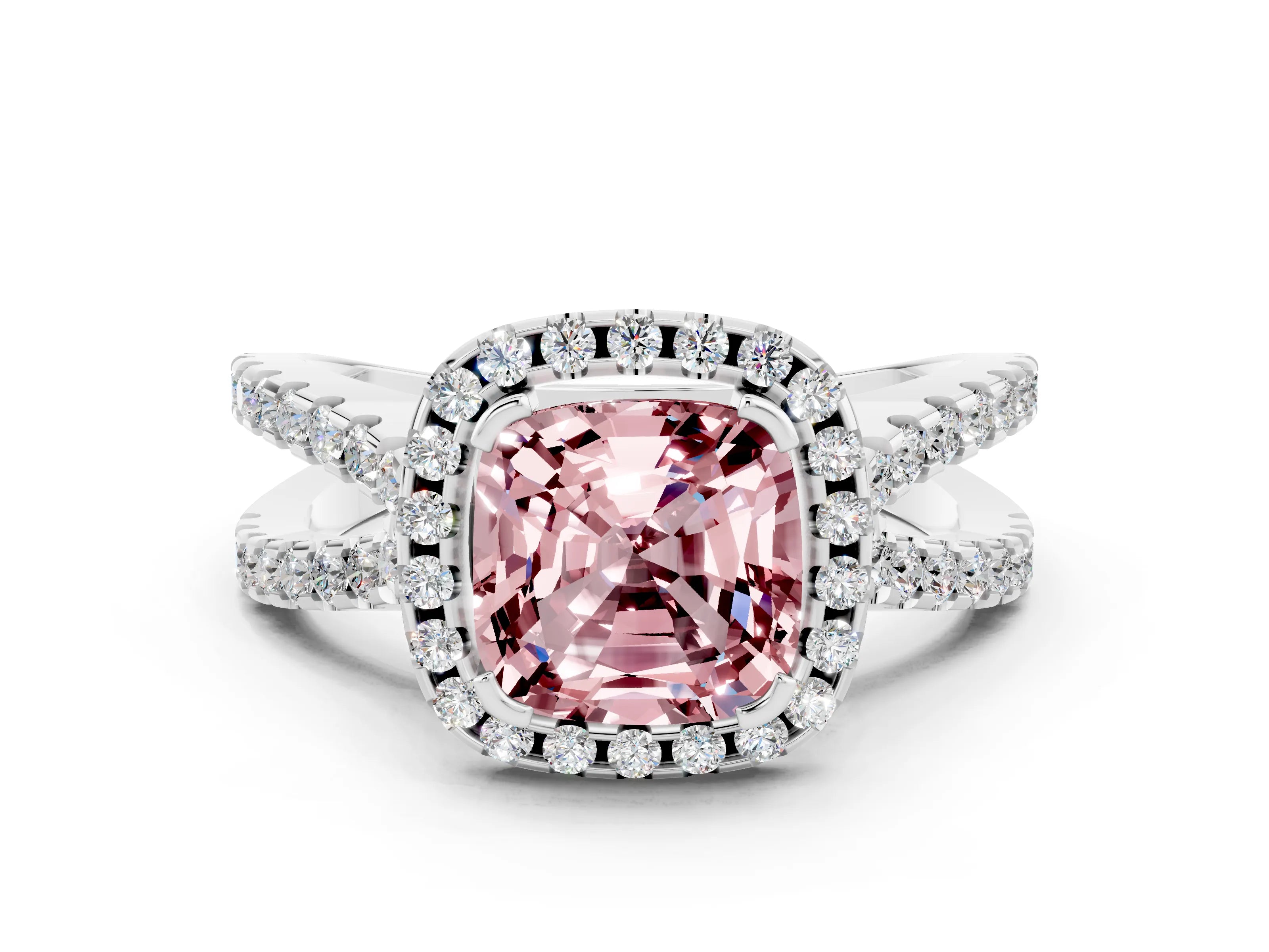 White gold Cushion Cut Morganite Halo Ring with Split Shank Pavé Band and Prong Setting