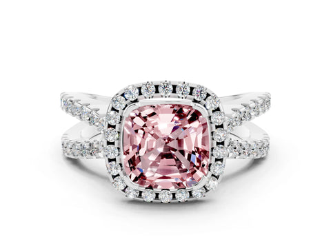 White gold Cushion Cut Morganite Halo Ring with Split Shank Pavé Band and Prong Setting