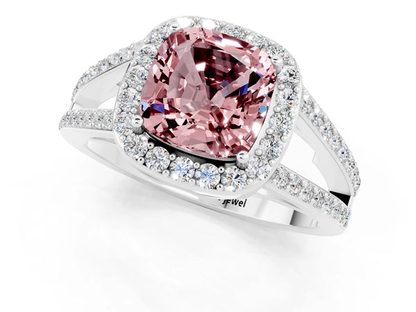 White gold Cushion Cut Morganite Halo Ring with Split Shank U-Prong Band and Four-Prong Setting