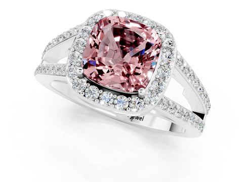White gold Cushion Cut Morganite Halo Ring with Split Shank U-Prong Band and Four-Prong Setting_1