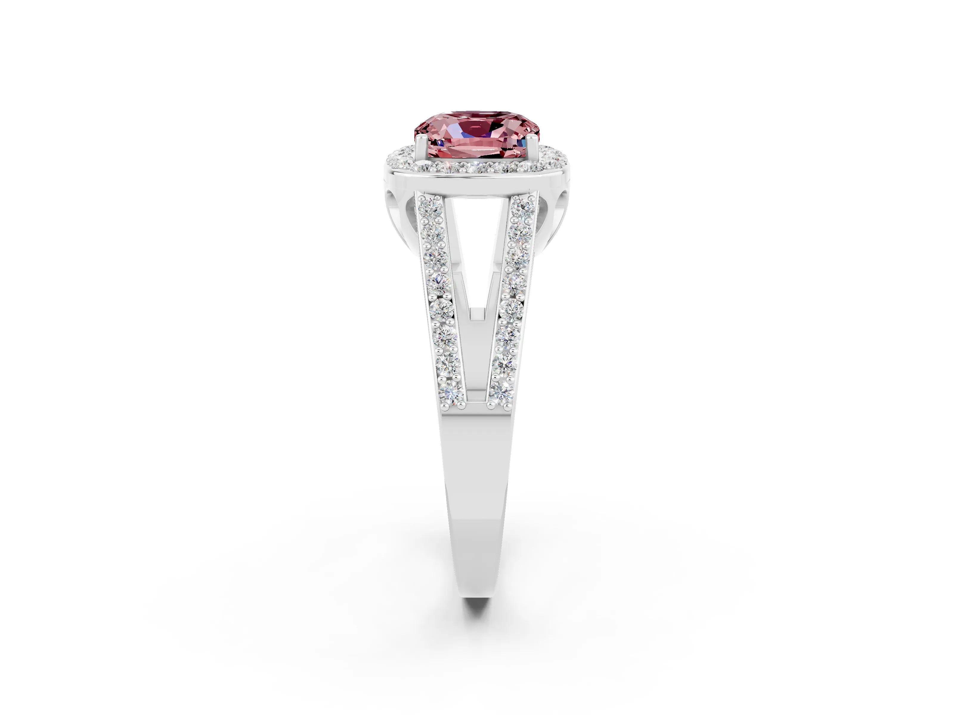 White gold Cushion Cut Morganite Halo Ring with Split Shank U-Prong Band and Four-Prong Setting_2
