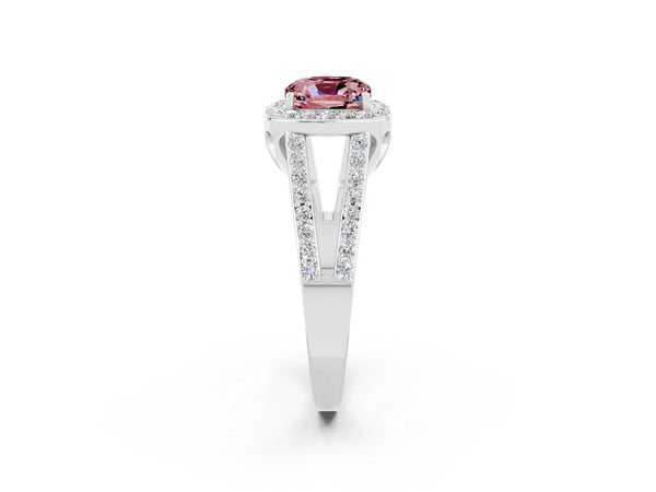 Silver Cushion Cut Morganite Halo Ring with Split Shank U-Prong Band and Four-Prong Setting