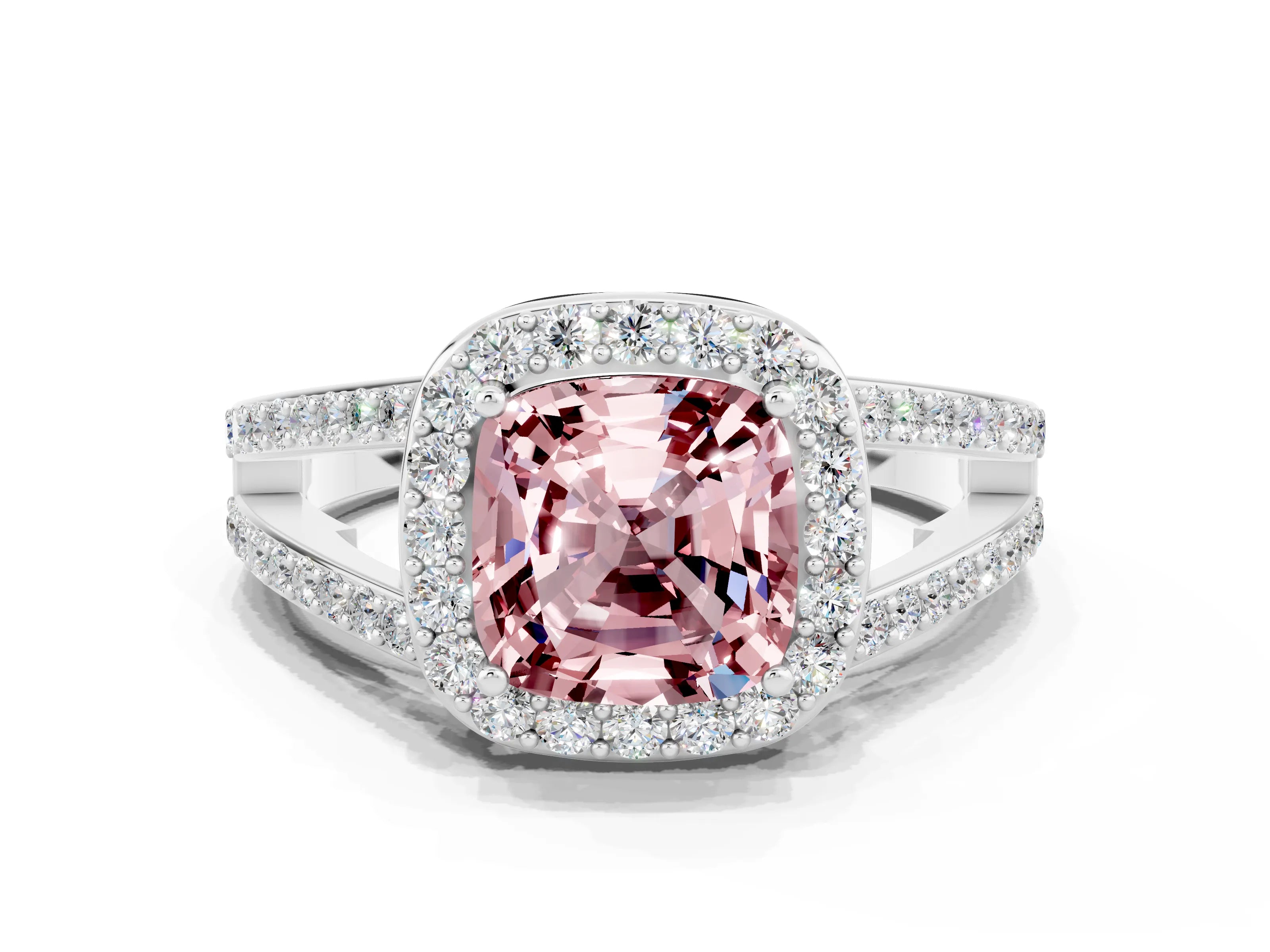 White gold Cushion Cut Morganite Halo Ring with Split Shank U-Prong Band and Four-Prong Setting