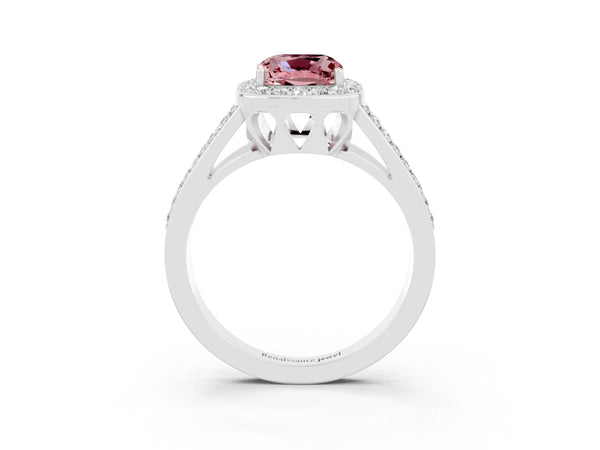 Silver Cushion Cut Morganite Halo Ring with Split Shank U-Prong Band and Four-Prong Setting