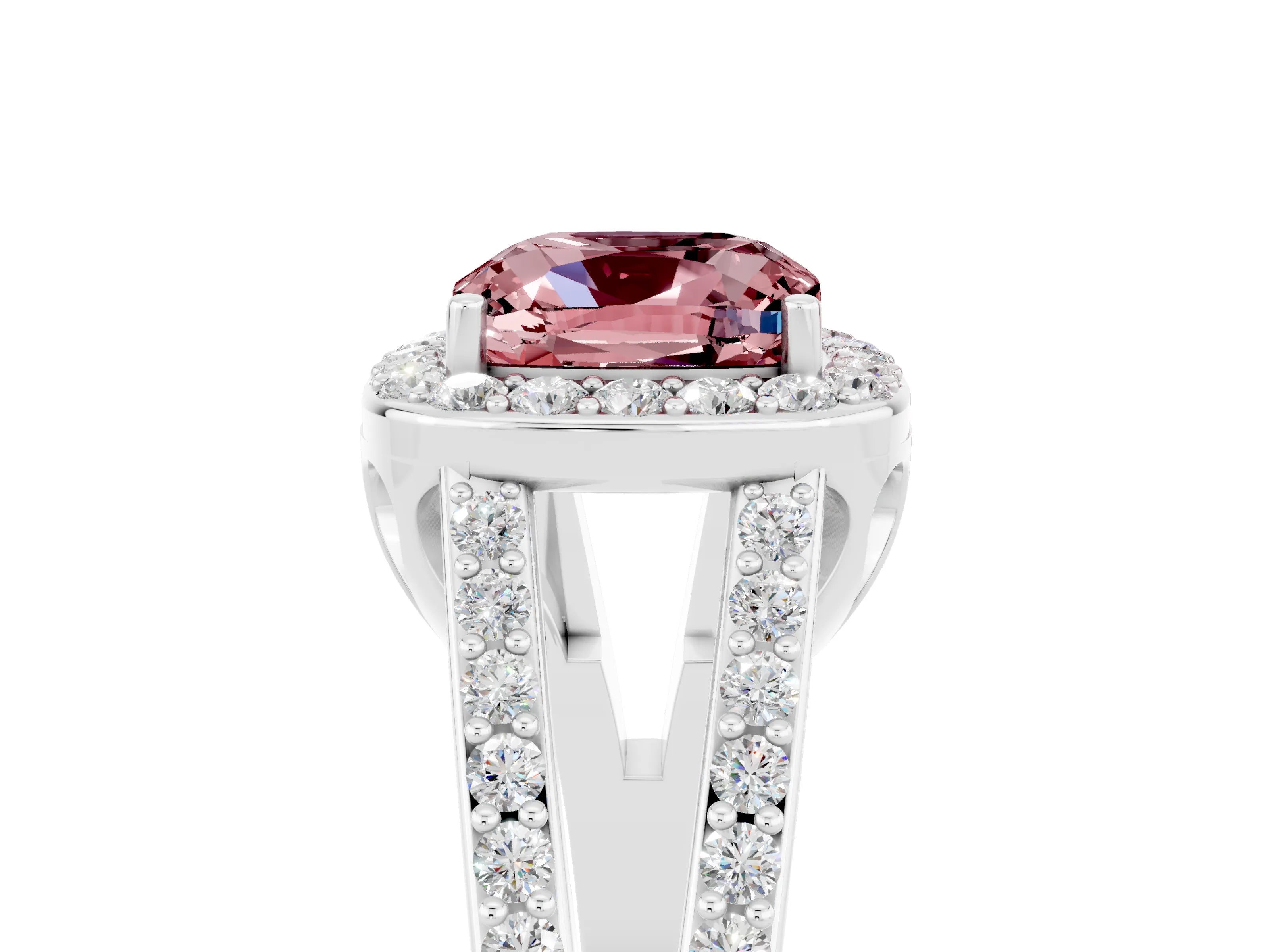White gold Cushion Cut Morganite Halo Ring with Split Shank U-Prong Band and Four-Prong Setting_5