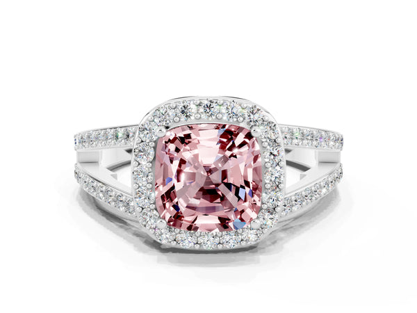 White gold Cushion Cut Morganite Halo Ring with Split Shank U-Prong Band and Four-Prong Setting