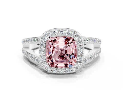 White gold Cushion Cut Morganite Halo Ring with Split Shank U-Prong Band and Four-Prong Setting