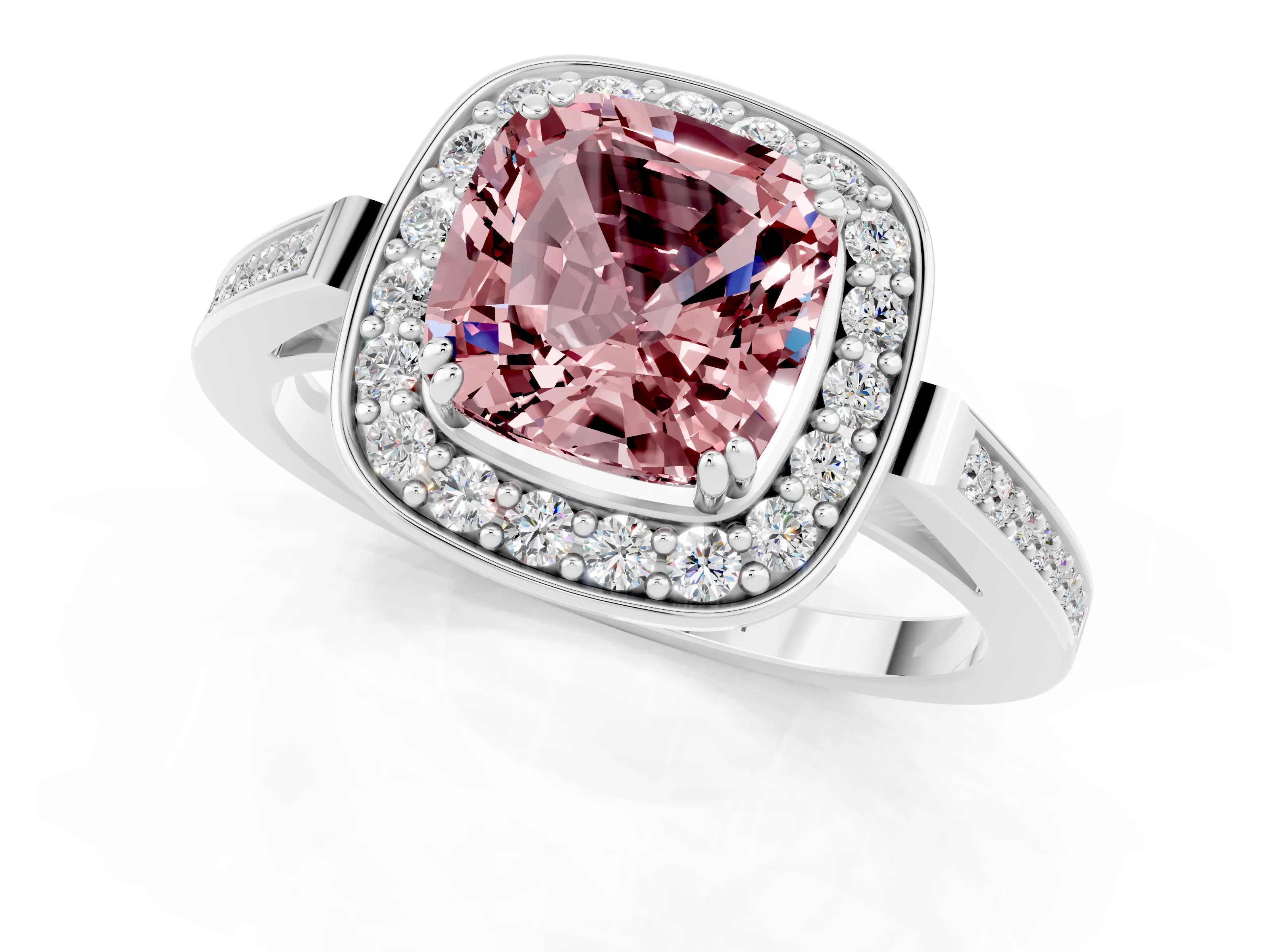 White gold Cushion Cut Morganite Halo Ring with Split Shank and Four-Prong Setting_1
