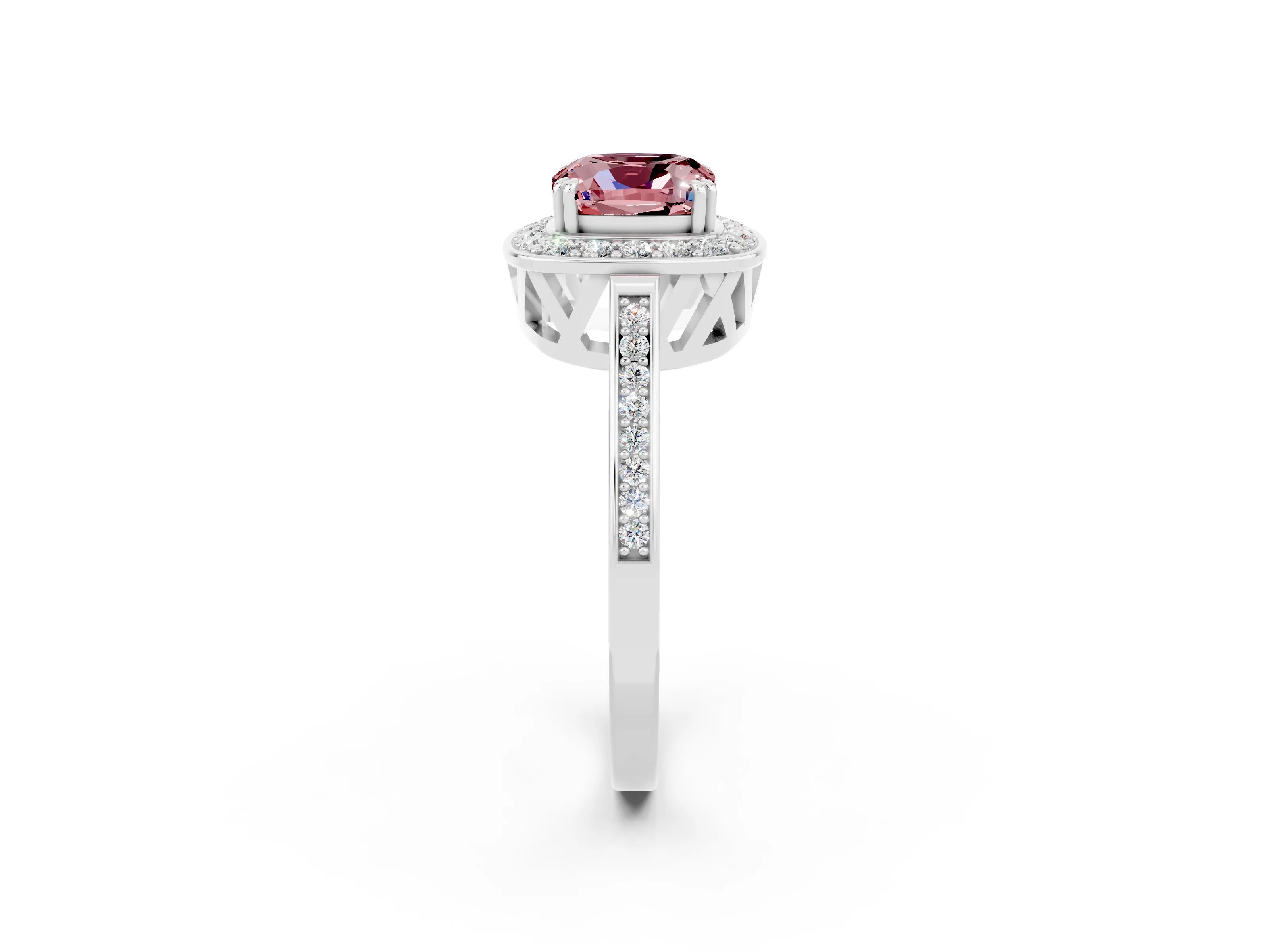 White gold Cushion Cut Morganite Halo Ring with Split Shank and Four-Prong Setting_10