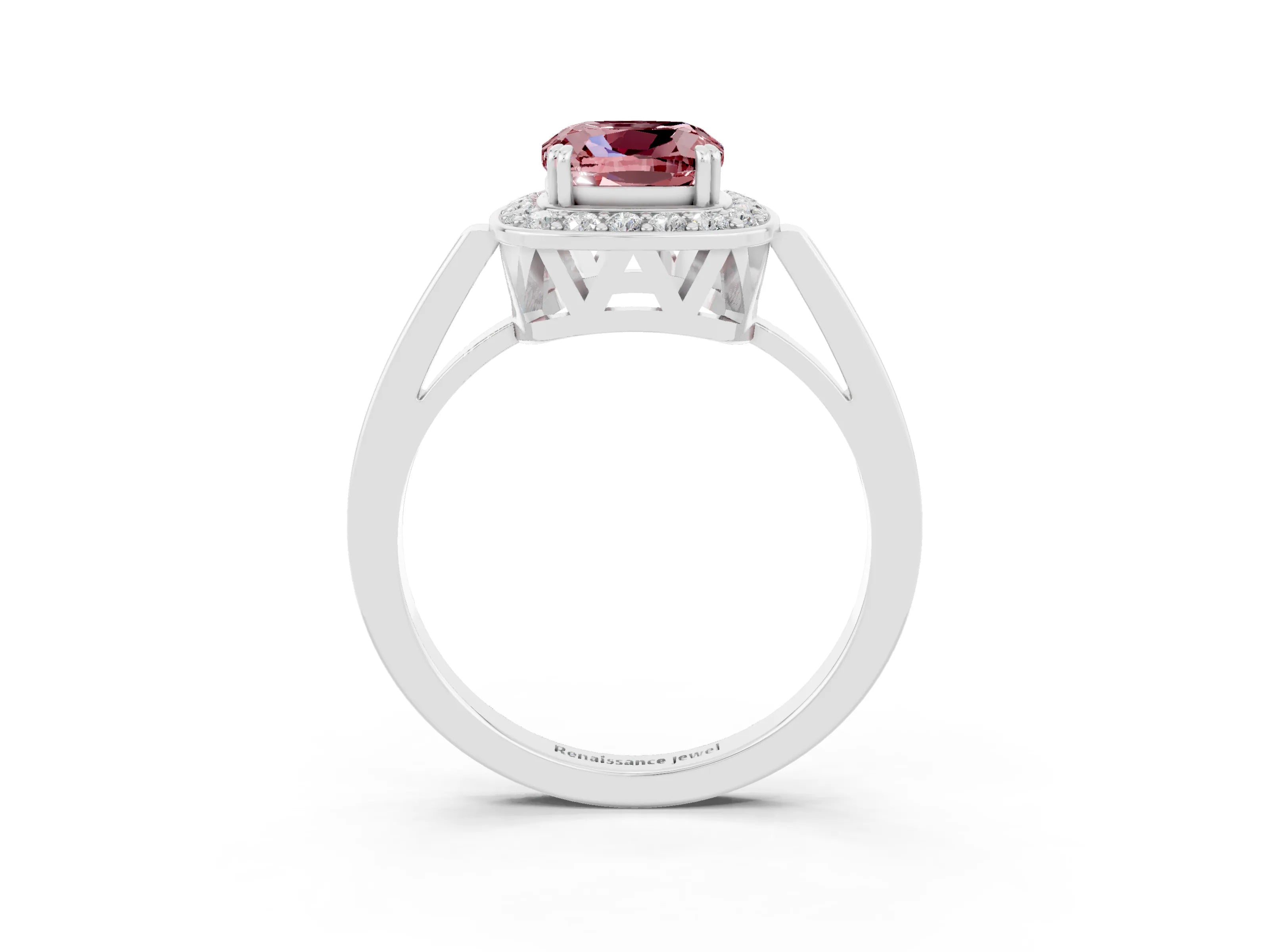 White gold Cushion Cut Morganite Halo Ring with Split Shank and Four-Prong Setting_11
