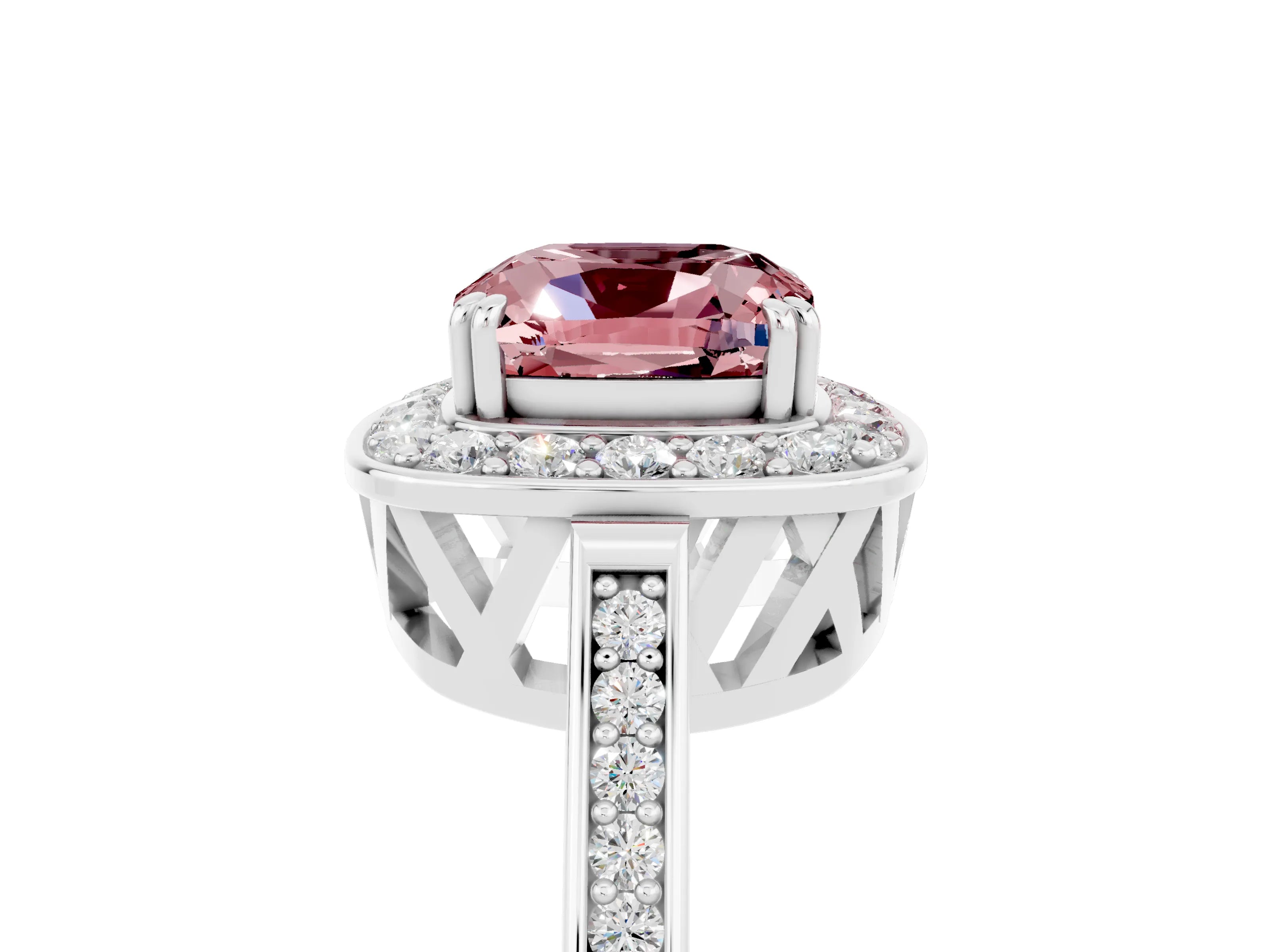 White gold Cushion Cut Morganite Halo Ring with Split Shank and Four-Prong Setting_13