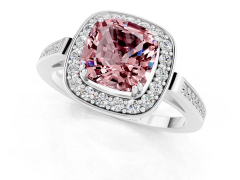 White gold Cushion Cut Morganite Halo Ring with Split Shank and Four-Prong Setting_1