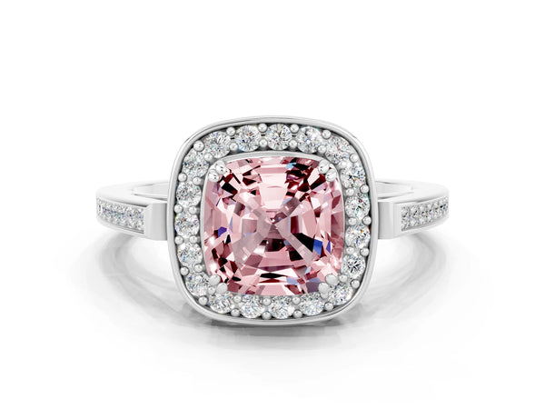 Platinum Cushion Cut Morganite Halo Ring with Split Shank and Four-Prong Setting