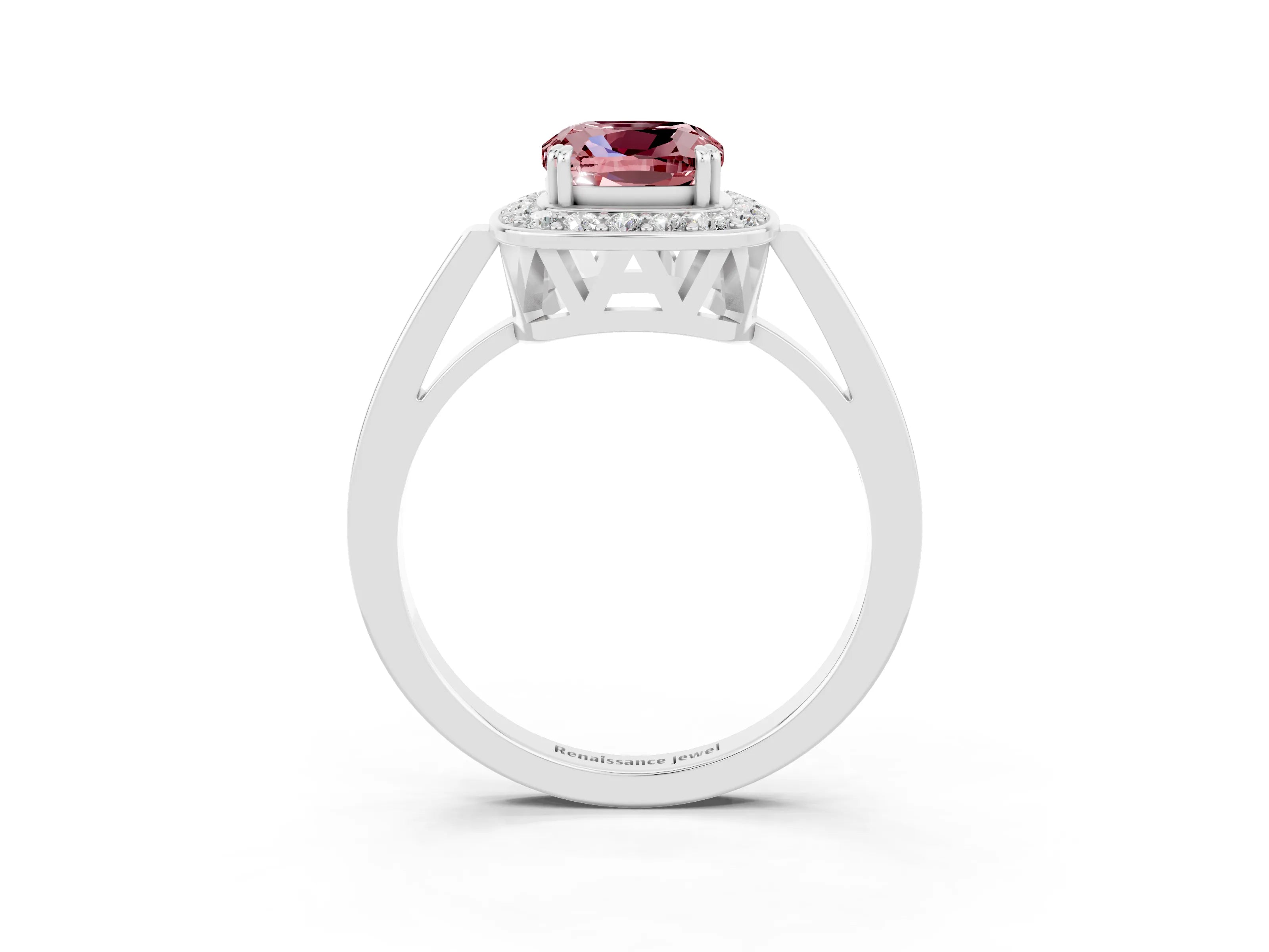 White gold Cushion Cut Morganite Halo Ring with Split Shank and Four-Prong Setting_3