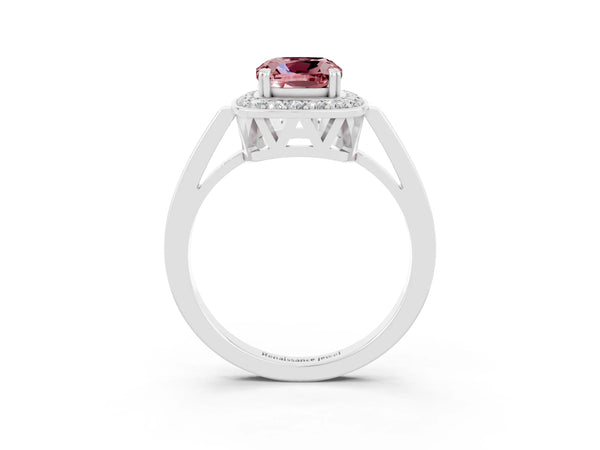 White gold Cushion Cut Morganite Halo Ring with Split Shank and Four-Prong Setting