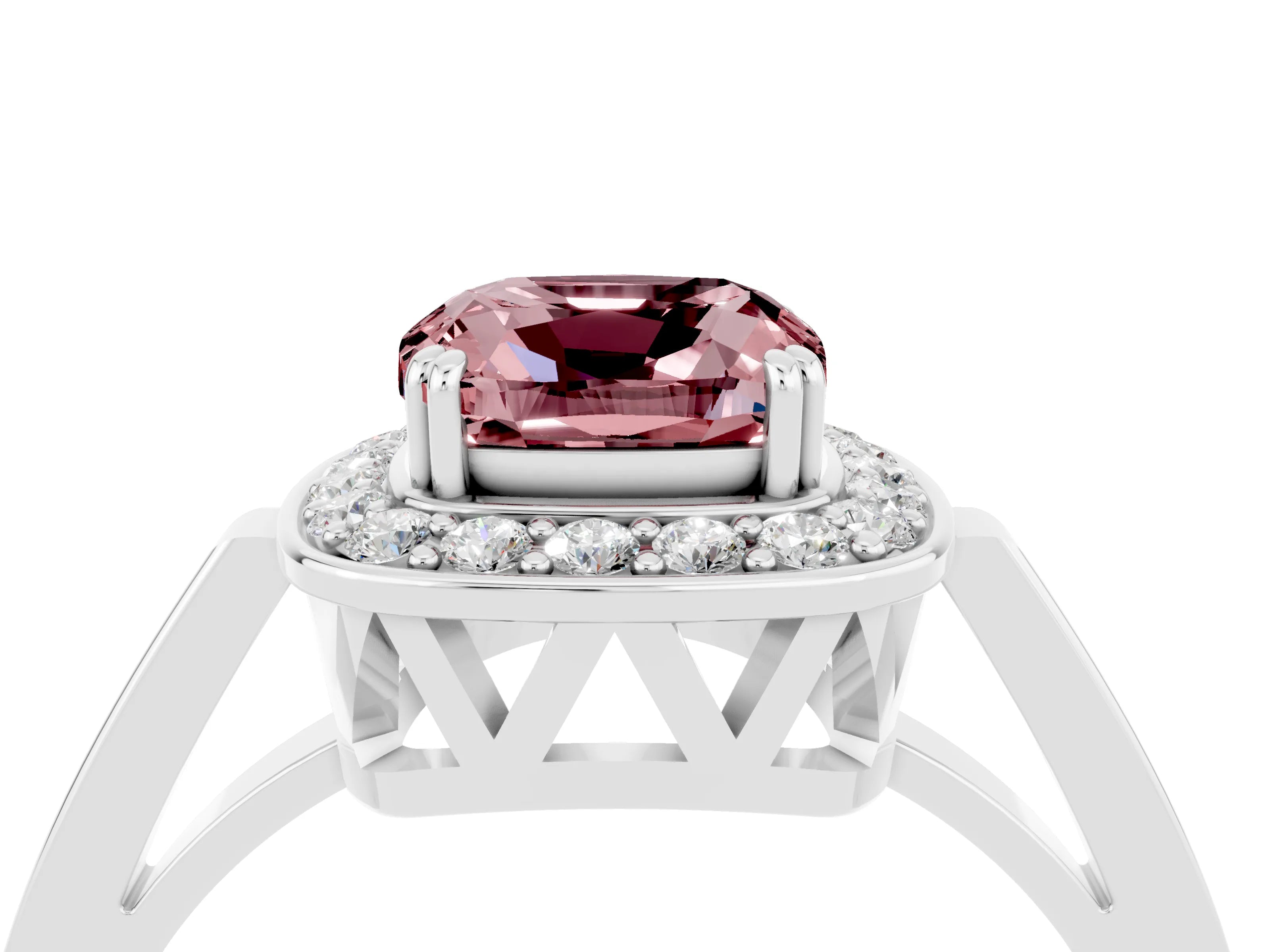 White gold Cushion Cut Morganite Halo Ring with Split Shank and Four-Prong Setting_4