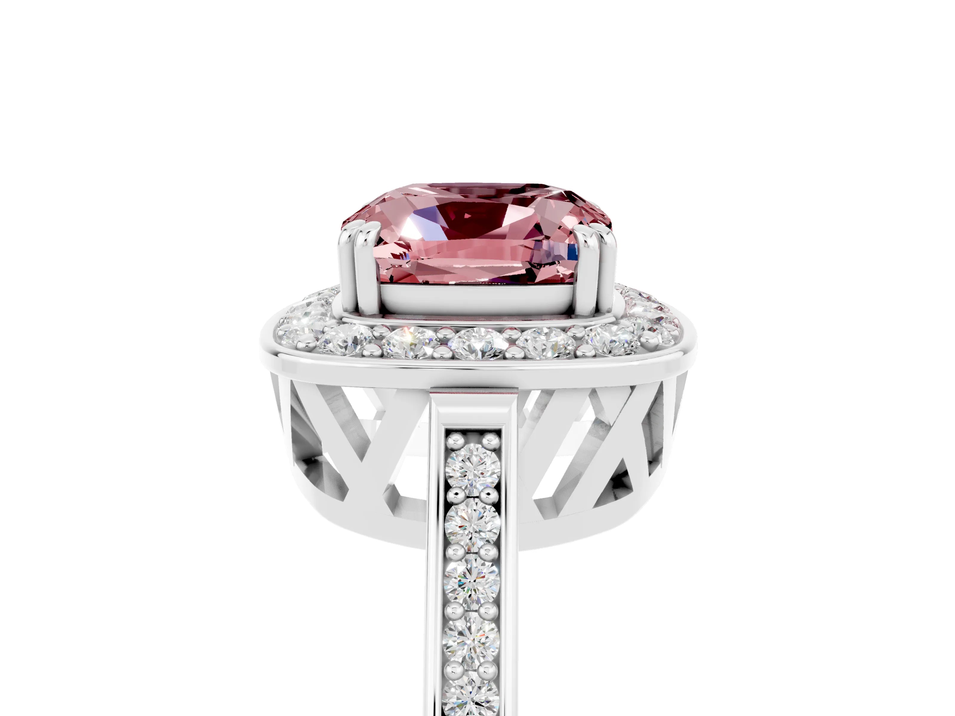 White gold Cushion Cut Morganite Halo Ring with Split Shank and Four-Prong Setting_5