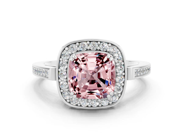Silver Cushion Cut Morganite Halo Ring with Split Shank and Four-Prong Setting