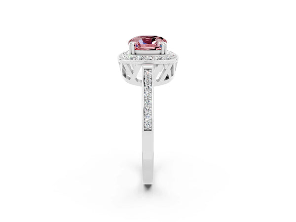 Silver Cushion Cut Morganite Halo Ring with Split Shank and Four-Prong Setting
