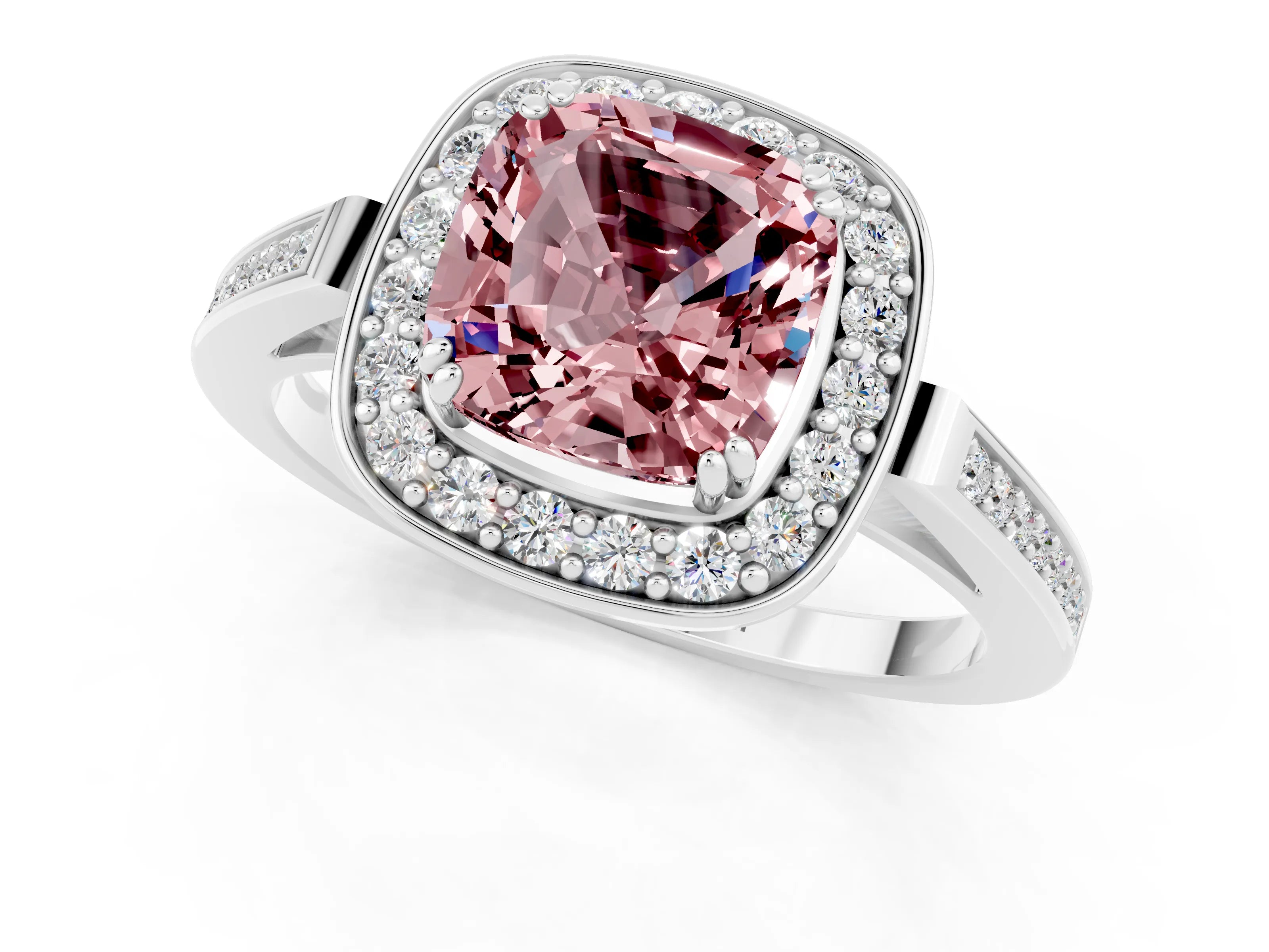 White gold Cushion Cut Morganite Halo Ring with Split Shank and Four-Prong Setting_9