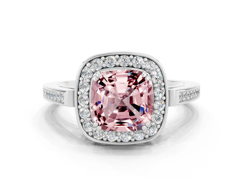 White gold Cushion Cut Morganite Halo Ring with Split Shank and Four-Prong Setting