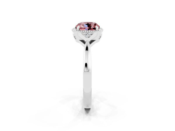White gold Cushion Cut Morganite Halo Ring with Tapered Band and Four-Prong Setting