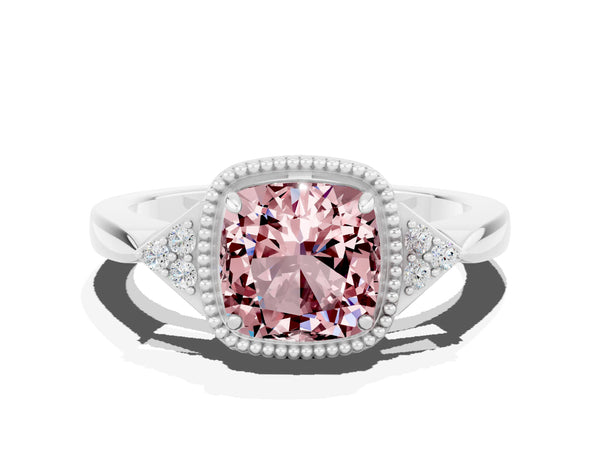 Platinum Cushion Cut Morganite Halo Ring with Tapered Band and Four-Prong Setting