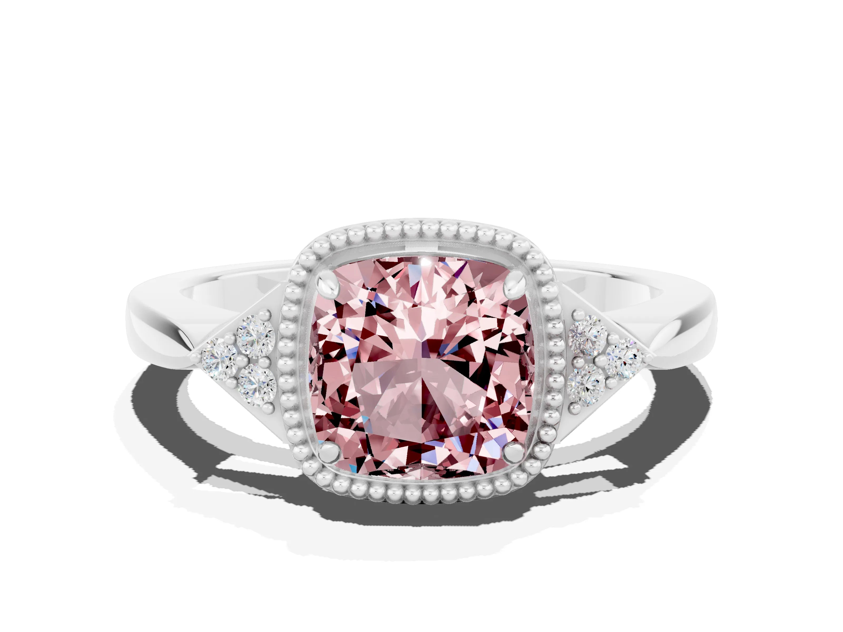 White gold Cushion Cut Morganite Halo Ring with Tapered Band and Four-Prong Setting_12