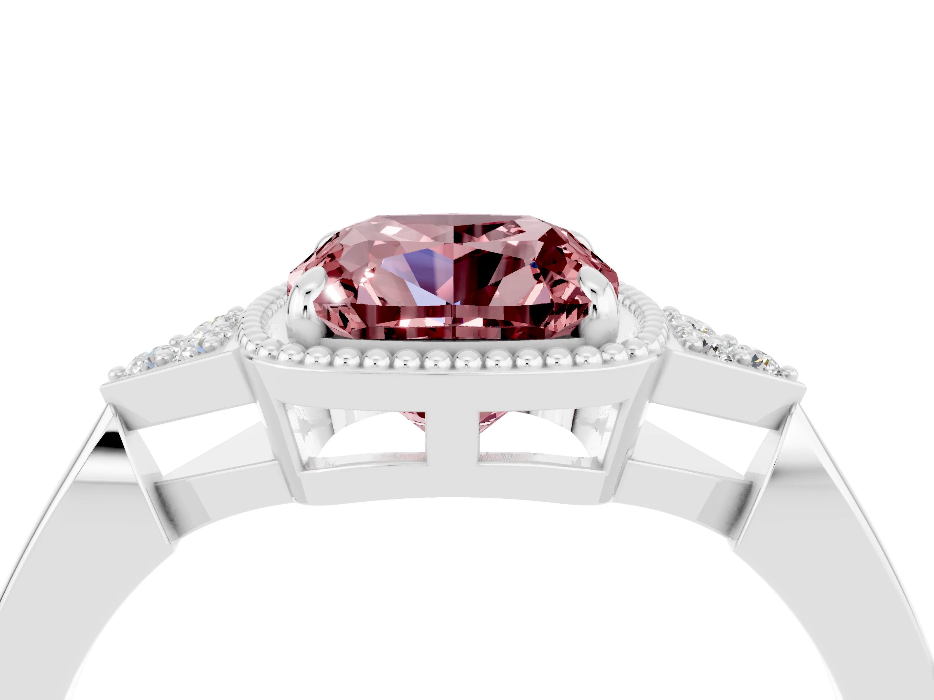 White gold Cushion Cut Morganite Halo Ring with Tapered Band and Four-Prong Setting_12