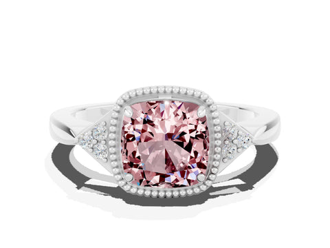 White gold Cushion Cut Morganite Halo Ring with Tapered Band and Four-Prong Setting_12