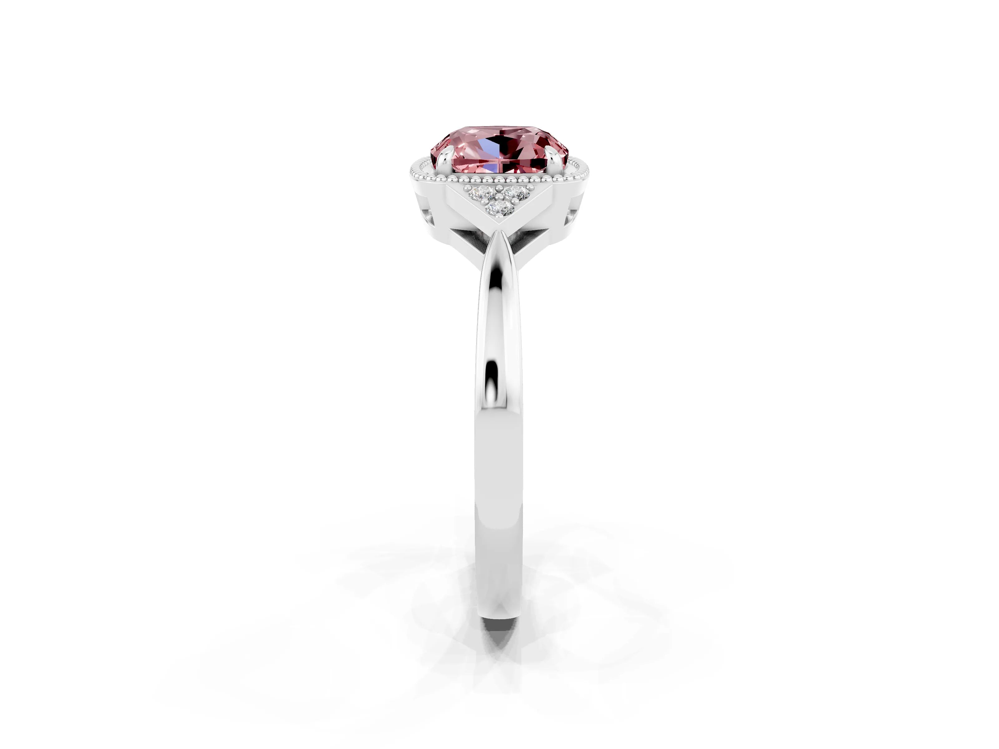 White gold Cushion Cut Morganite Halo Ring with Tapered Band and Four-Prong Setting_14