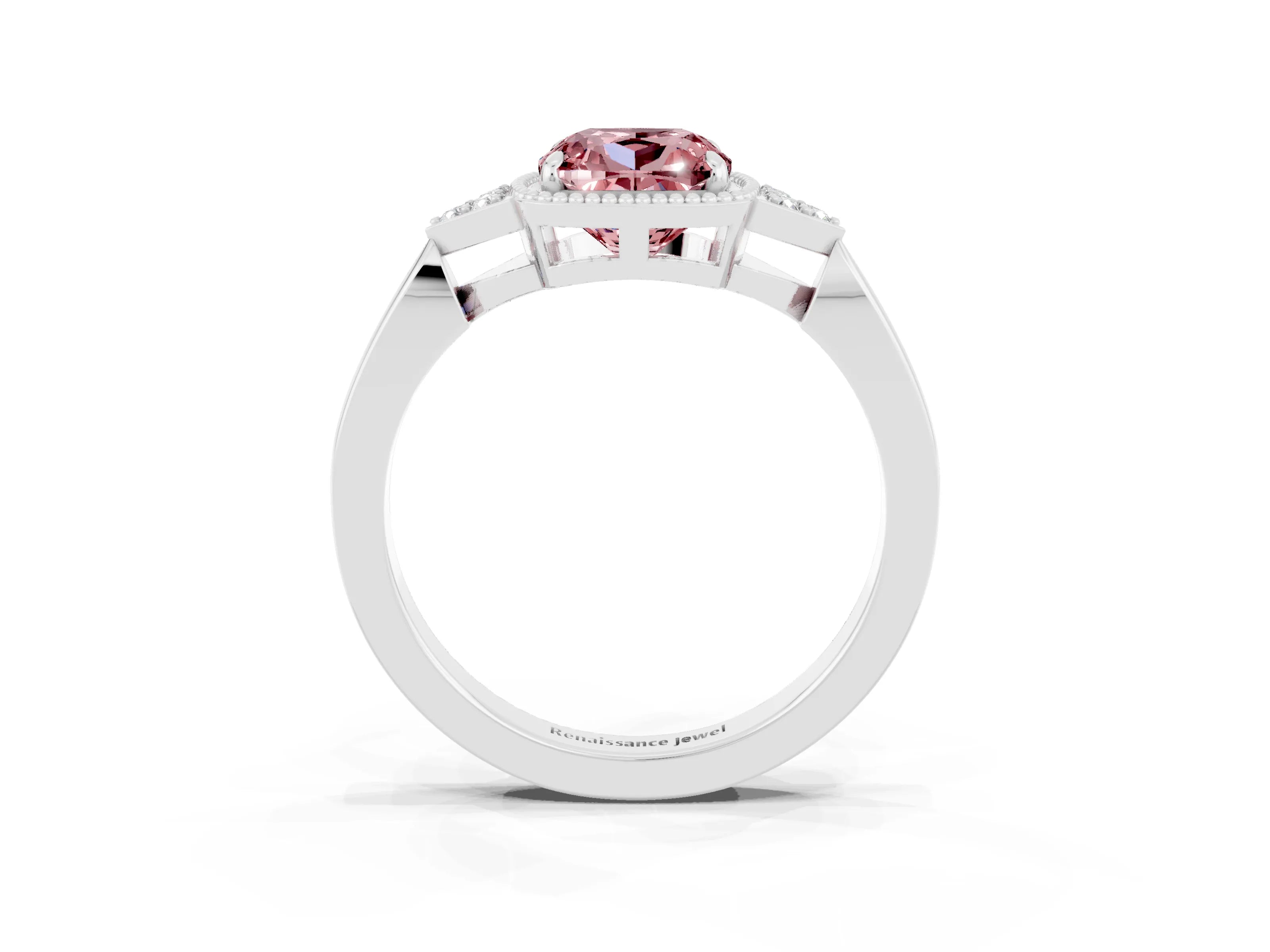 White gold Cushion Cut Morganite Halo Ring with Tapered Band and Four-Prong Setting_15