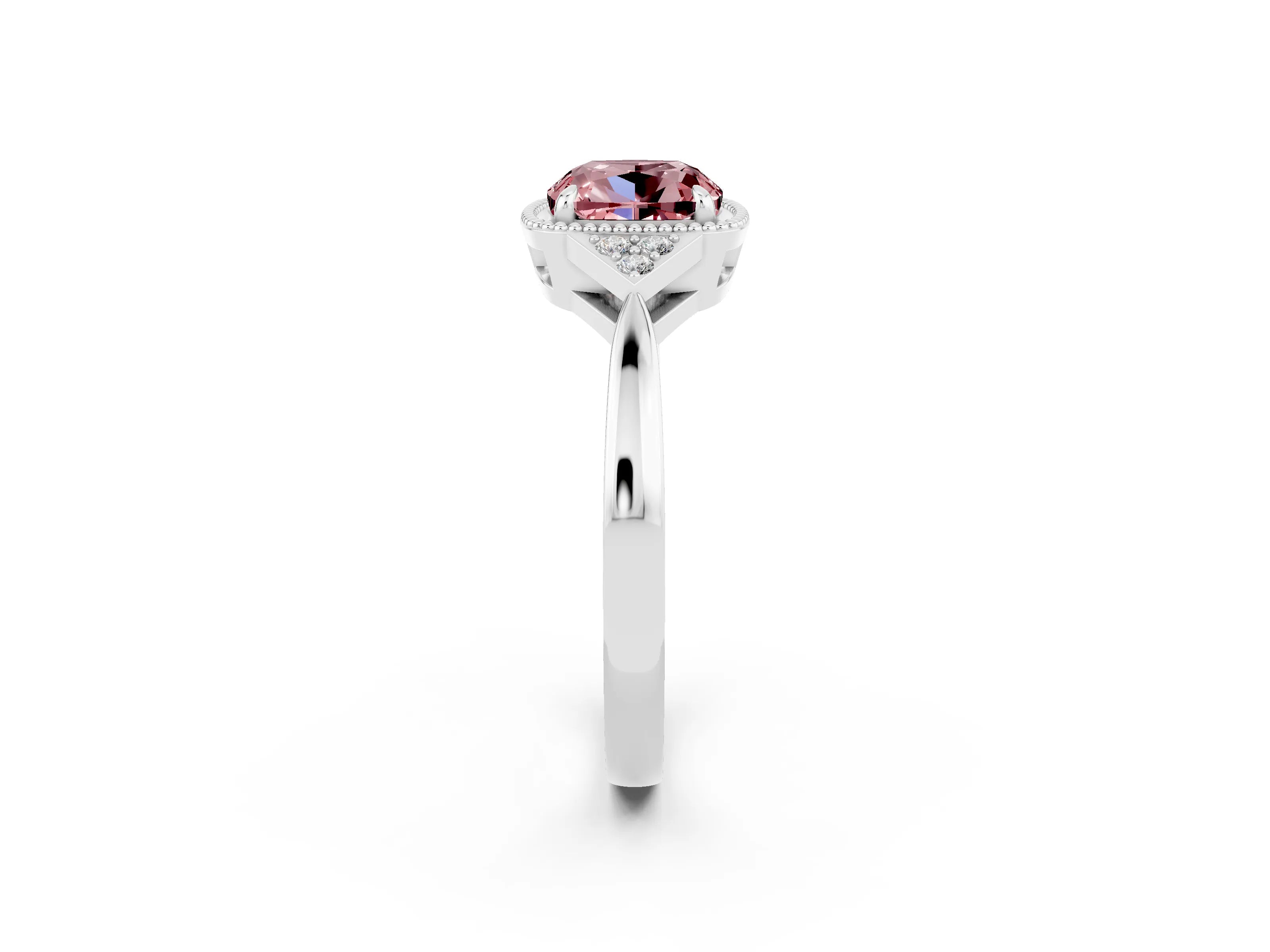 White gold Cushion Cut Morganite Halo Ring with Tapered Band and Four-Prong Setting_2