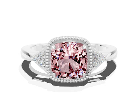White gold Cushion Cut Morganite Halo Ring with Tapered Band and Four-Prong Setting_20