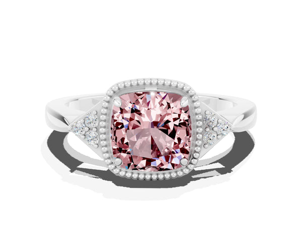 Platinum Cushion Cut Morganite Halo Ring with Tapered Band and Four-Prong Setting