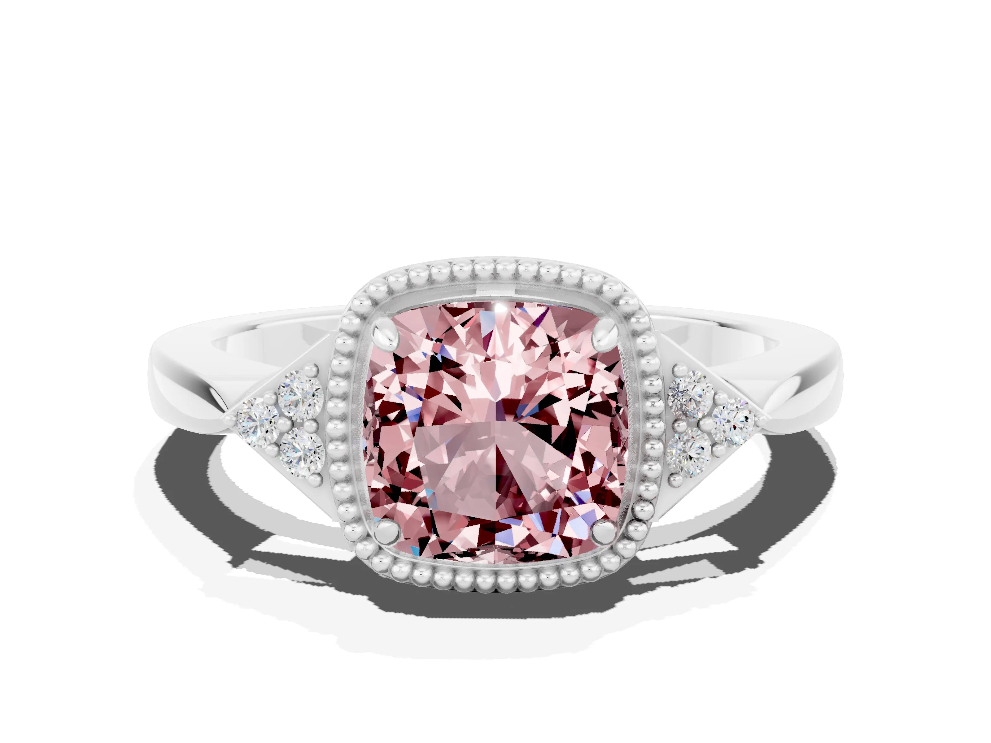 White gold Cushion Cut Morganite Halo Ring with Tapered Band and Four-Prong Setting_24