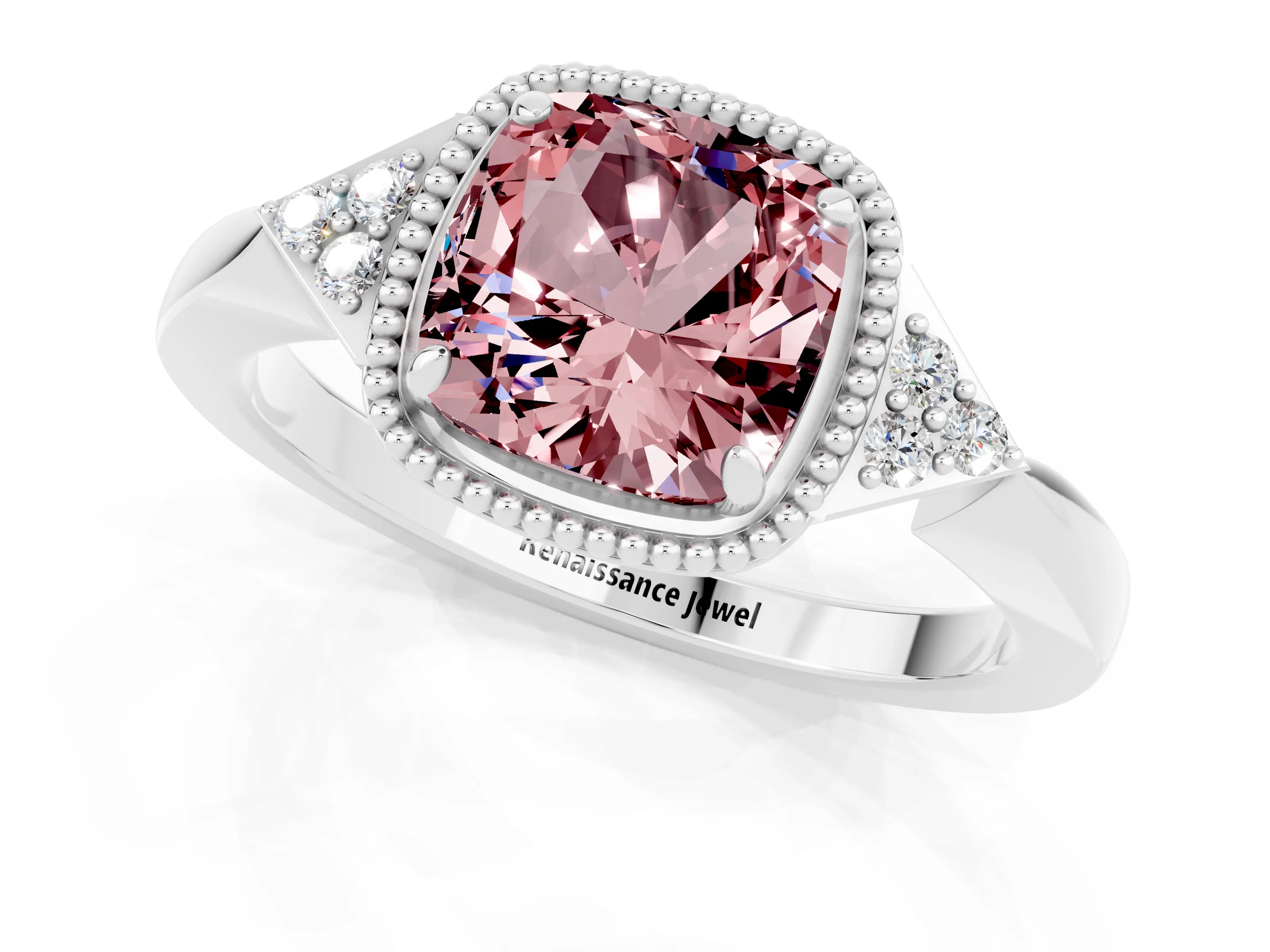 White gold Cushion Cut Morganite Halo Ring with Tapered Band and Four-Prong Setting_25