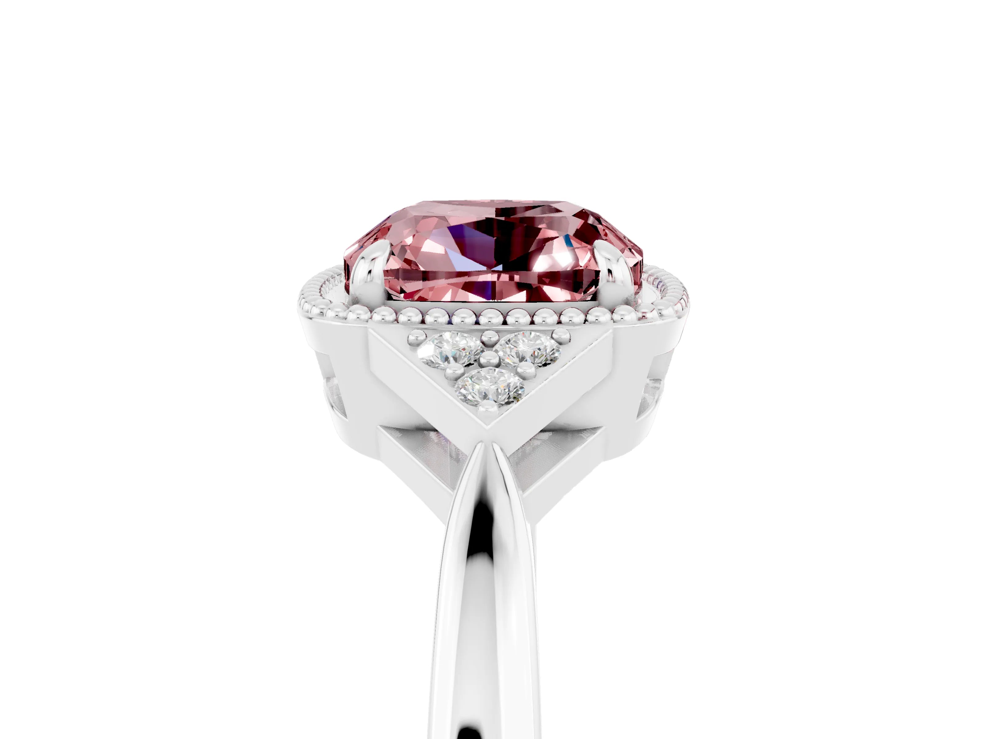 White gold Cushion Cut Morganite Halo Ring with Tapered Band and Four-Prong Setting_29