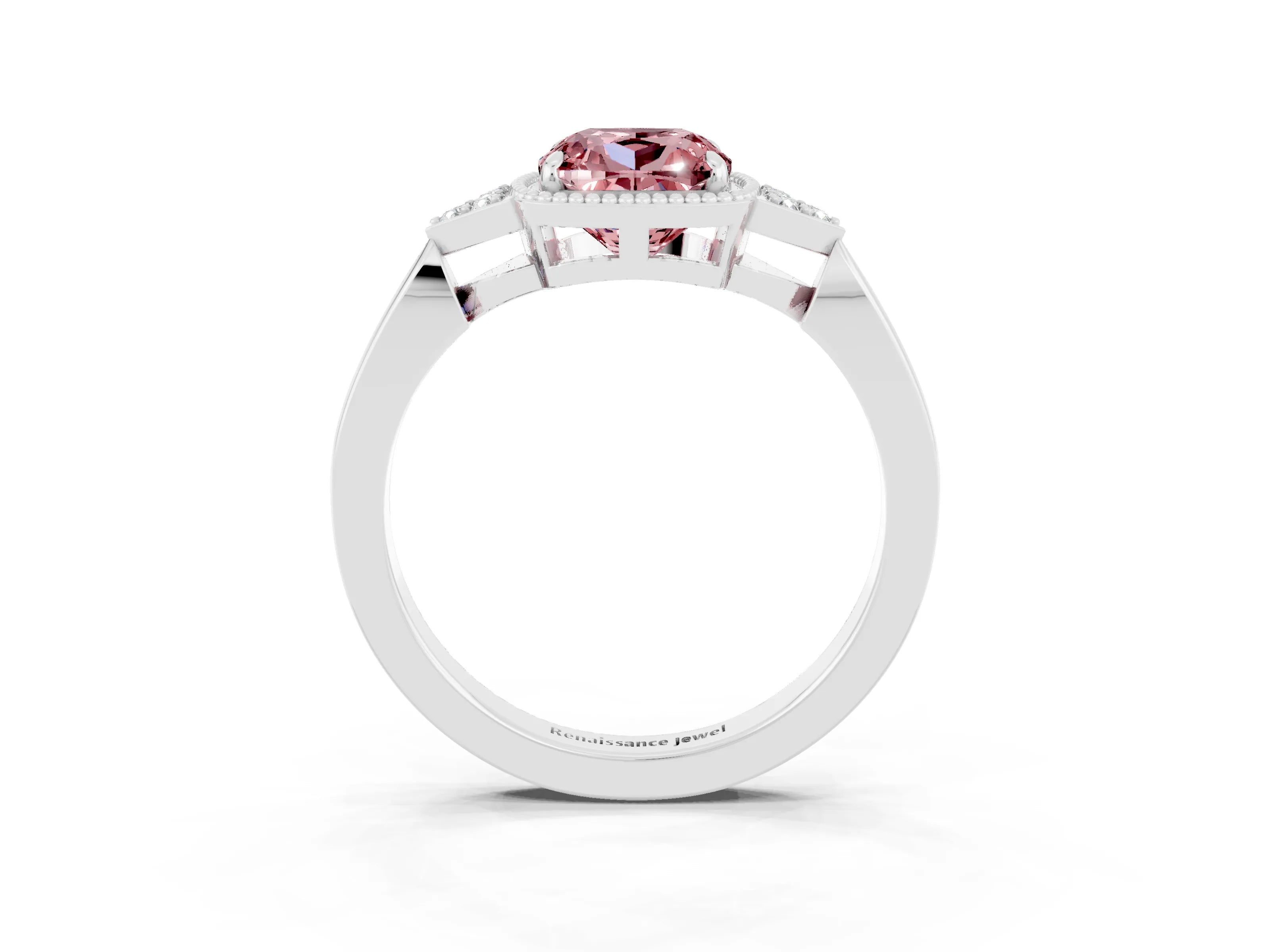 White gold Cushion Cut Morganite Halo Ring with Tapered Band and Four-Prong Setting_3