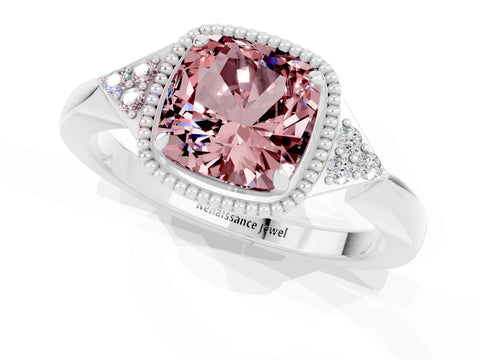 White gold Cushion Cut Morganite Halo Ring with Tapered Band and Four-Prong Setting_9