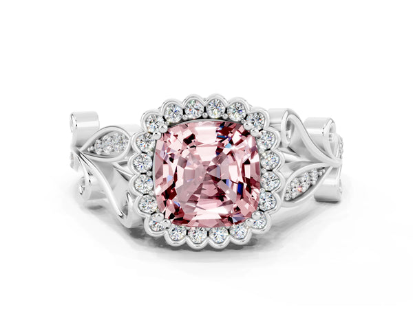 White gold Cushion Cut Morganite Halo Ring with Vintage Split Shank and Four-Prong Setting