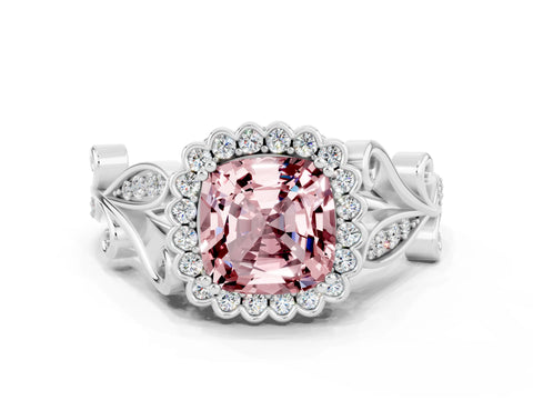 White gold Cushion Cut Morganite Halo Ring with Vintage Split Shank and Four-Prong Setting_24