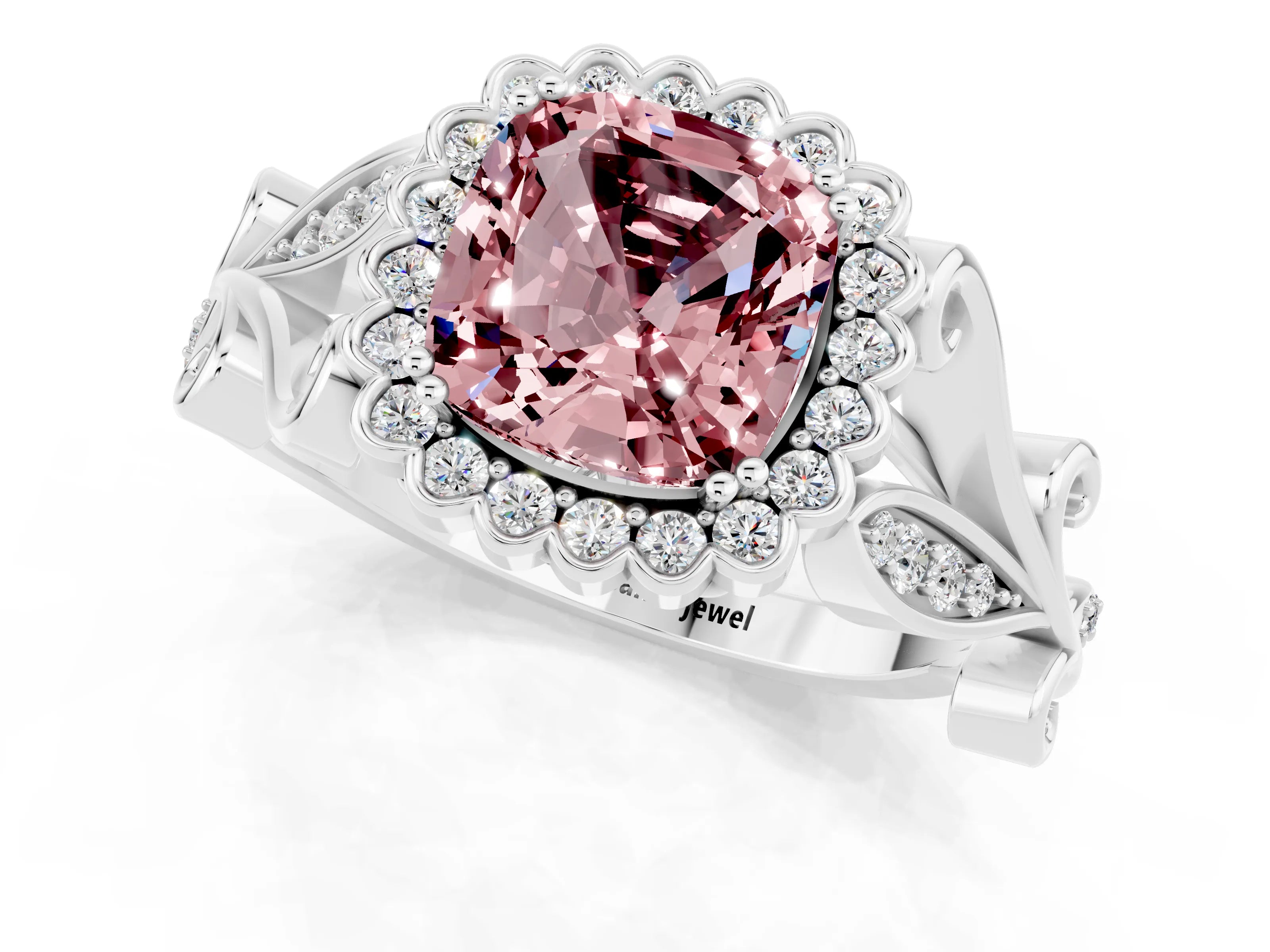 White gold Cushion Cut Morganite Halo Ring with Vintage Split Shank and Four-Prong Setting_25